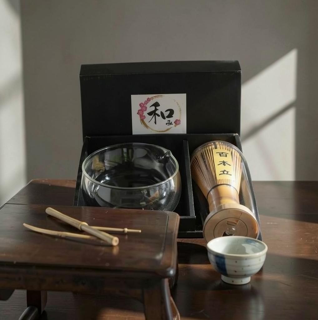 LISATA MATCHA 16oz double-wall glass latte bowl set with bamboo whisk and scoop in a black presentation gift box