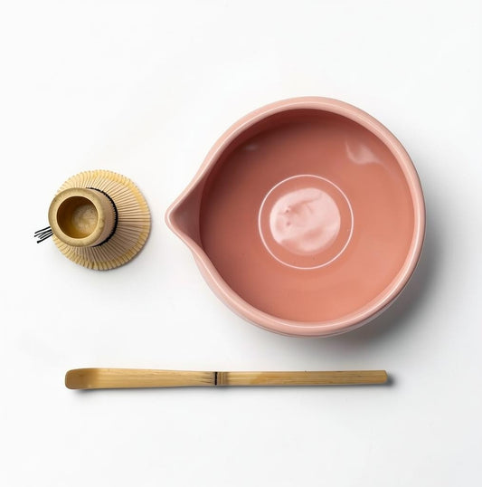 LISATA MATCHA 20oz porcelain latte bowl in pink with a bamboo whisk and scoop for matcha preparation