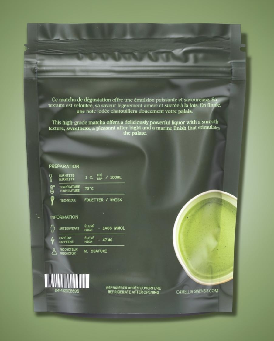 LISATA MATCHA Uji ceremonial grade matcha 100g pouch in black packaging with preparation instructions and tea details.