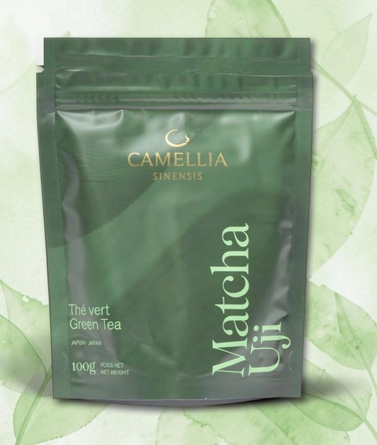LISATA MATCHA 100g pouch of premium ceremonial grade Uji green tea powder in a dark green resealable bag.