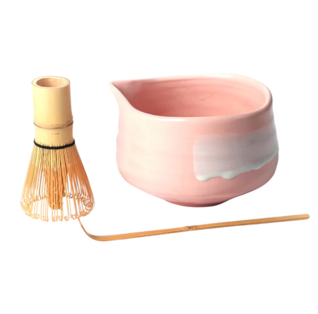 Matcha Set — 20oz Porcelain Latte Bowl with Whisk & Scoop - Pink Brushstroke