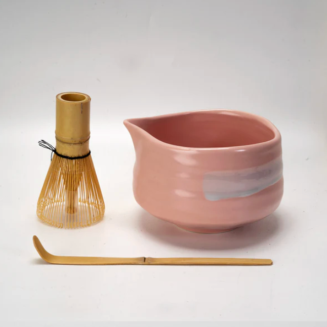 Matcha Set — 20oz Porcelain Latte Bowl with Whisk & Scoop - Pink Brushstroke