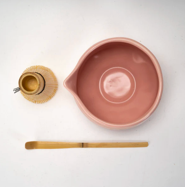 Matcha Set — 20oz Porcelain Latte Bowl with Whisk & Scoop - Pink Brushstroke