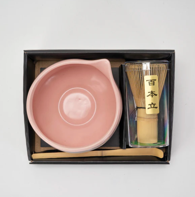 Matcha Set — 20oz Porcelain Latte Bowl with Whisk & Scoop - Pink Brushstroke