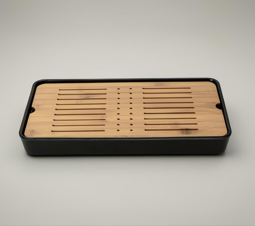 LISATA MATCHA 12.5-inch rectangular bamboo tea tray with a slatted top and black hidden drip tray for matcha rituals.