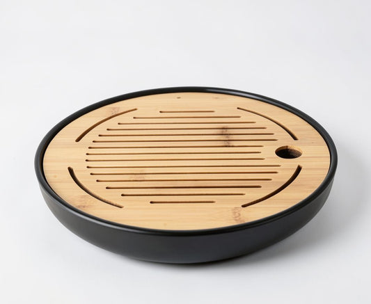 LISATA MATCHA 12.5-inch round bamboo tea tray with a slatted top and black drip tray for a tidy matcha ritual.