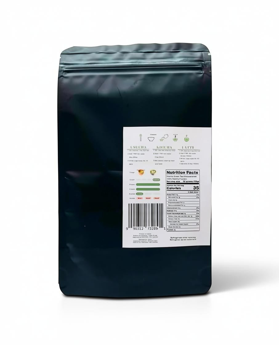 LISATA MATCHA Hikari ceremonial matcha powder pouch back view with nutrition facts and preparation instructions
