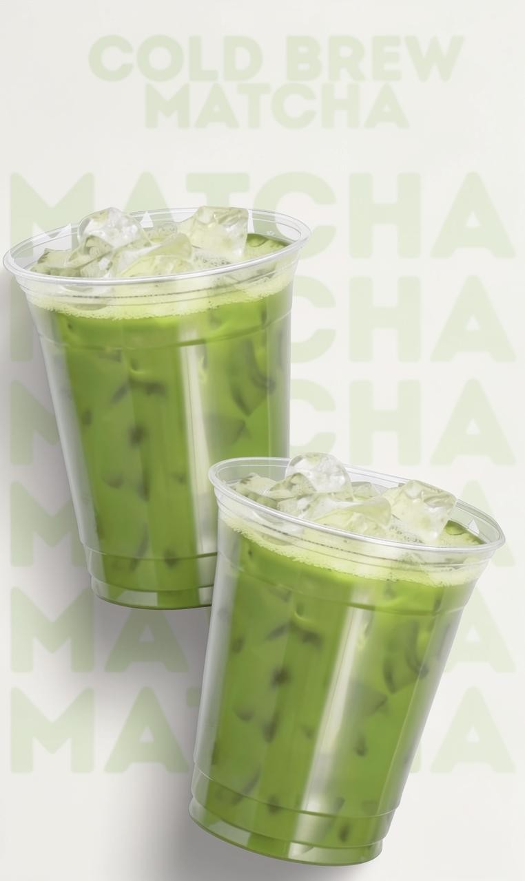 Two clear plastic cups filled with vibrant green LISATA MATCHA cold brew tea over ice against a light green background
