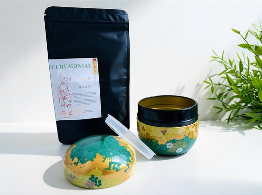 LISATA MATCHA Daily Ritual Bundle featuring a 40g bag of Hikari ceremonial matcha and a decorative Japanese tea canister.