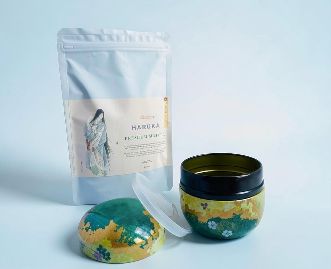 LISATA MATCHA Daily Ritual Bundle featuring a 100g bag of Haruka matcha and a decorative Japanese tea canister.