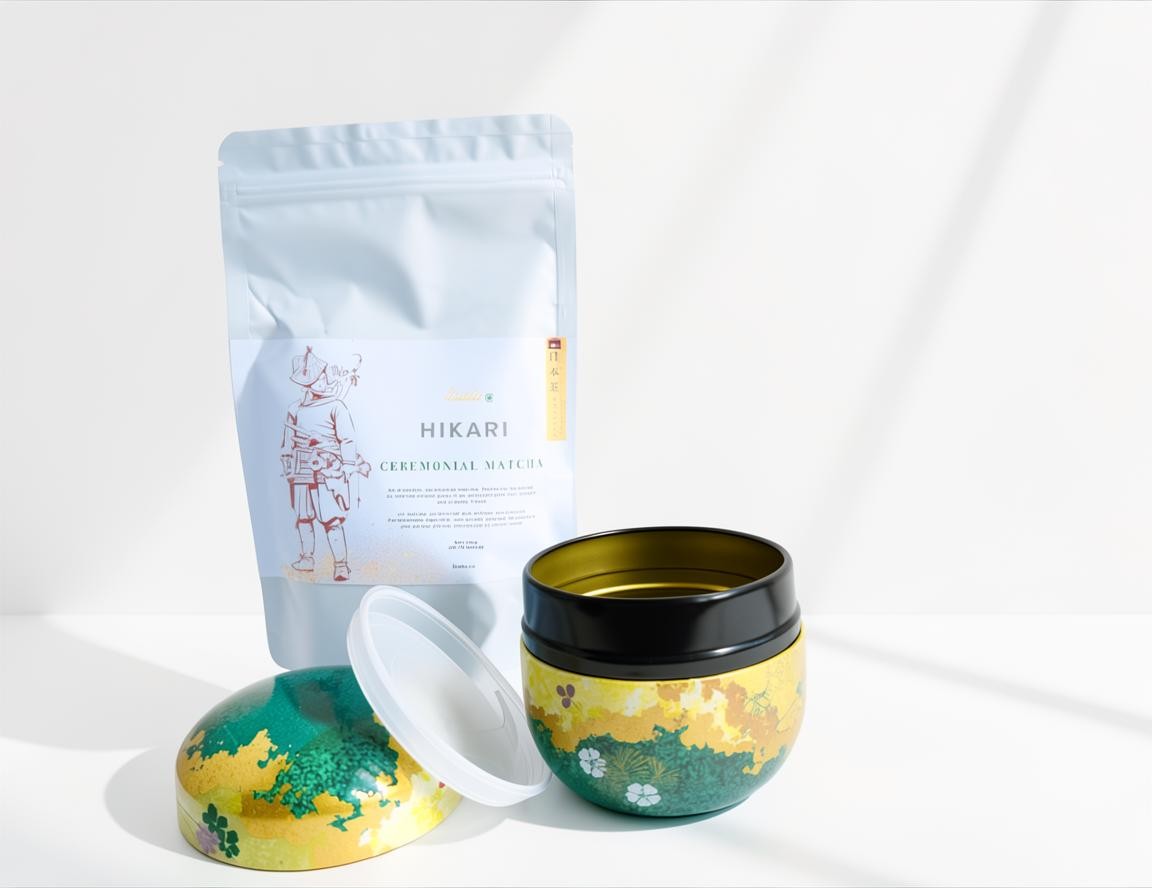 LISATA MATCHA Daily Ritual Bundle featuring a 100g bag of Hikari ceremonial matcha and a decorative tea canister.