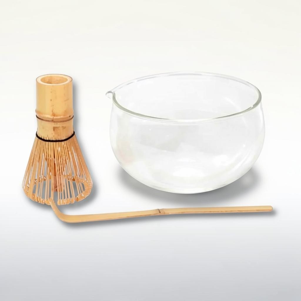 LISATA MATCHA 16oz double-wall glass latte bowl with bamboo whisk and scoop for a complete matcha tea ritual set