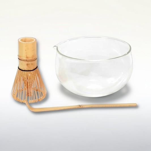 LISATA MATCHA 16oz double-wall glass latte bowl with bamboo whisk and scoop for a complete matcha tea ritual set