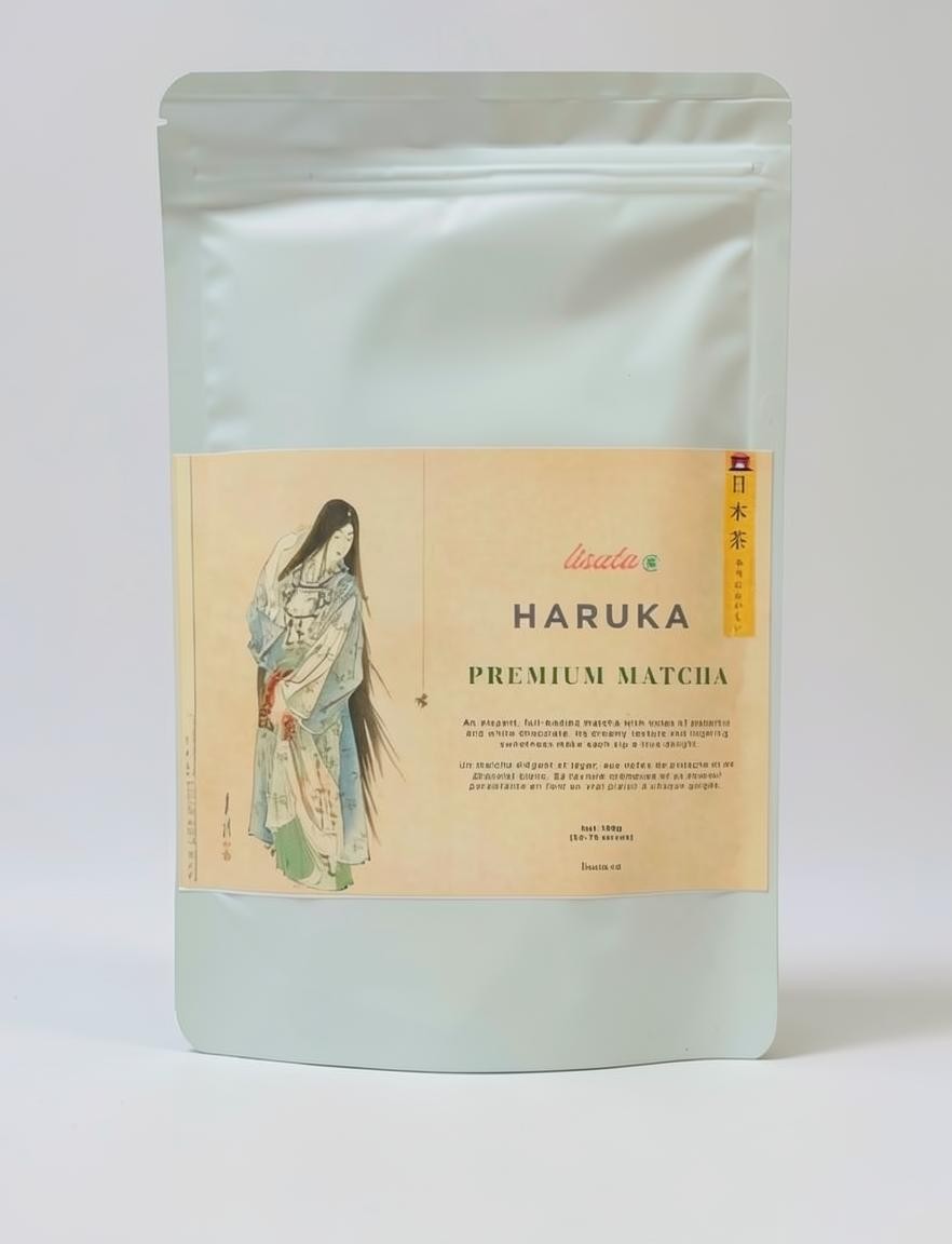 LISATA MATCHA Hakura premium green tea powder in a sealed 100g bag with traditional Japanese artwork on the label.