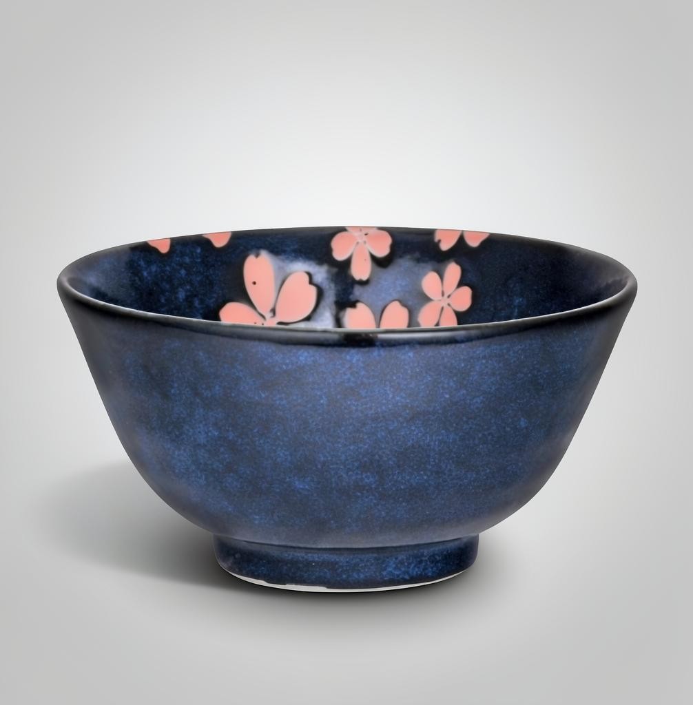 LISATA MATCHA Hasui Sakura 14oz porcelain bowl in deep blue with delicate pink cherry blossom floral pattern