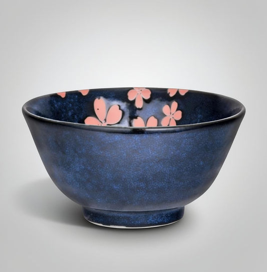 LISATA MATCHA Hasui Sakura 14oz porcelain bowl in deep blue with delicate pink cherry blossom floral pattern