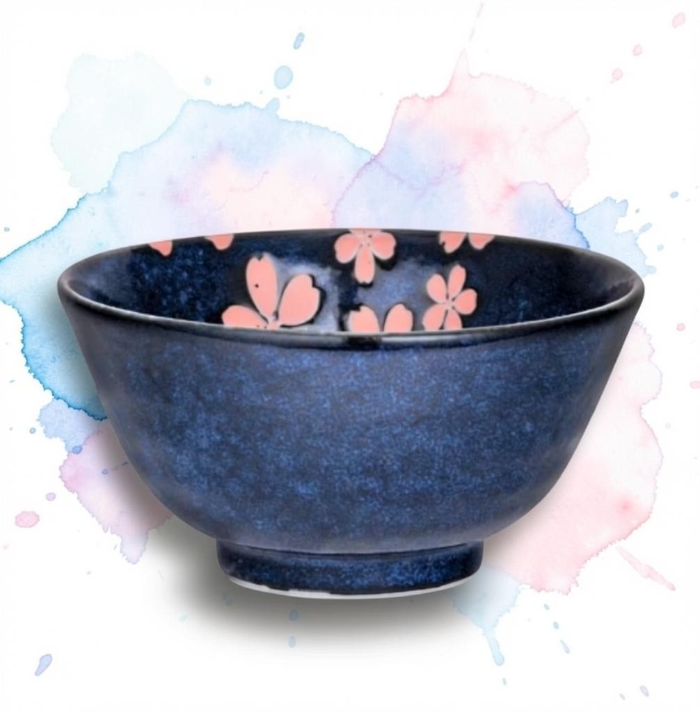 LISATA MATCHA Hasui Sakura 14oz porcelain bowl in deep blue with delicate pink cherry blossom floral interior pattern