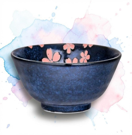 LISATA MATCHA Hasui Sakura 14oz porcelain bowl in deep blue with delicate pink cherry blossom floral interior pattern