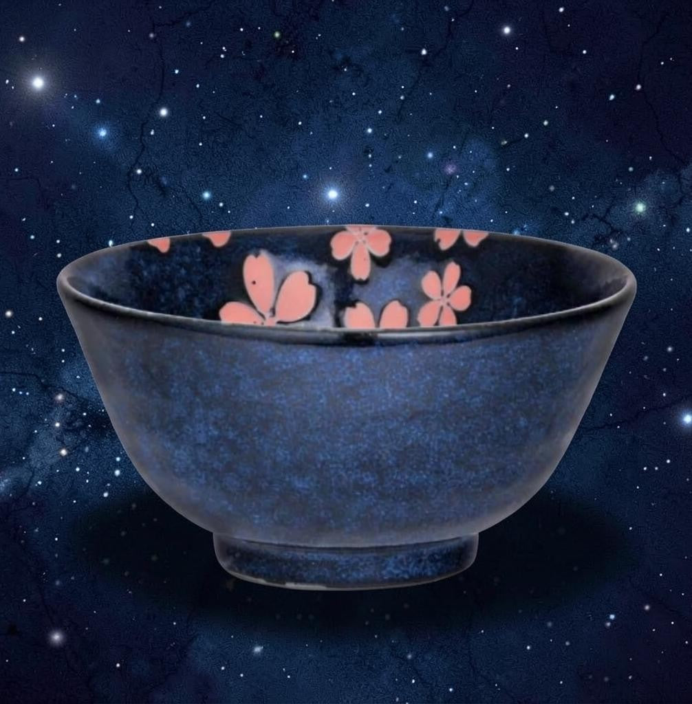 LISATA MATCHA 14oz porcelain bowl featuring a dark blue speckled finish and delicate pink sakura cherry blossom design.