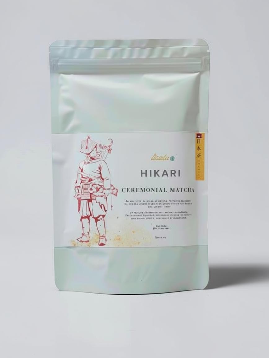 LISATA MATCHA Hikari ceremonial matcha in a sealed pale green pouch with traditional Japanese warrior illustration.
