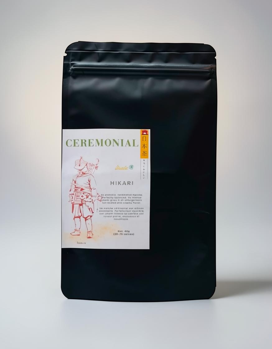 LISATA MATCHA Hikari Ceremonial matcha 40g pouch with minimalist label featuring a samurai illustration