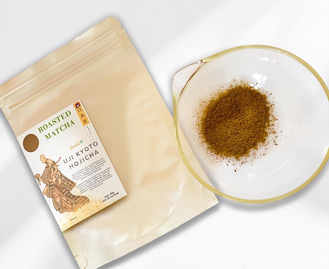 LISATA MATCHA Daily Ritual Bundle featuring a 40g bag of Uji Kyoto Hojicha roasted green tea powder in a glass bowl.