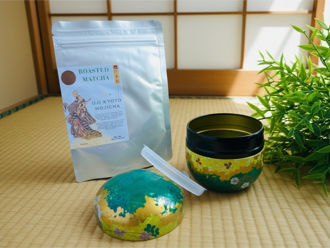 LISATA MATCHA Daily Ritual Bundle featuring a 40g bag of Uji Kyoto Hojicha and an ornate Japanese tea canister.