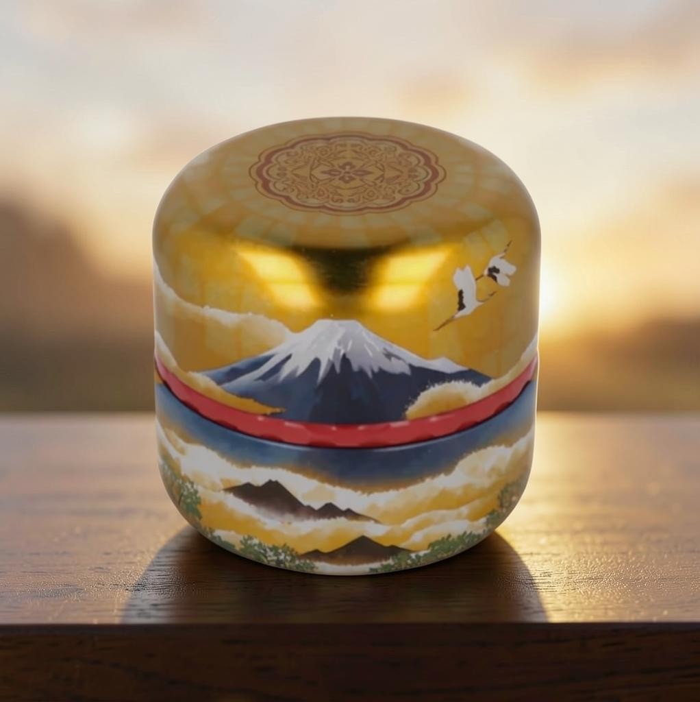 LISATA MATCHA Japanese aluminum tea canister featuring a gold Mount Fuji landscape design on a wooden surface.