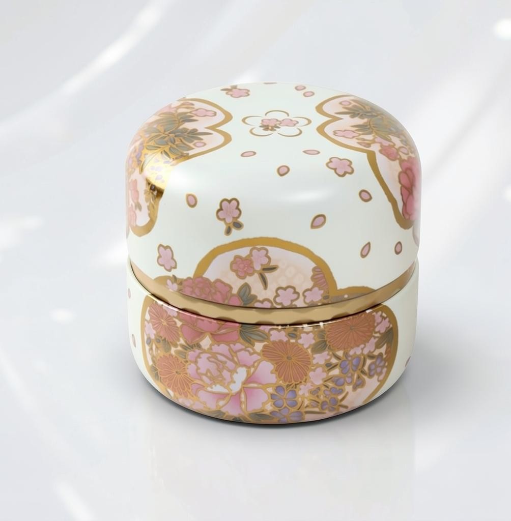 LISATA MATCHA Japanese aluminum tea canister with a white floral pattern and gold accents for fresh matcha storage.