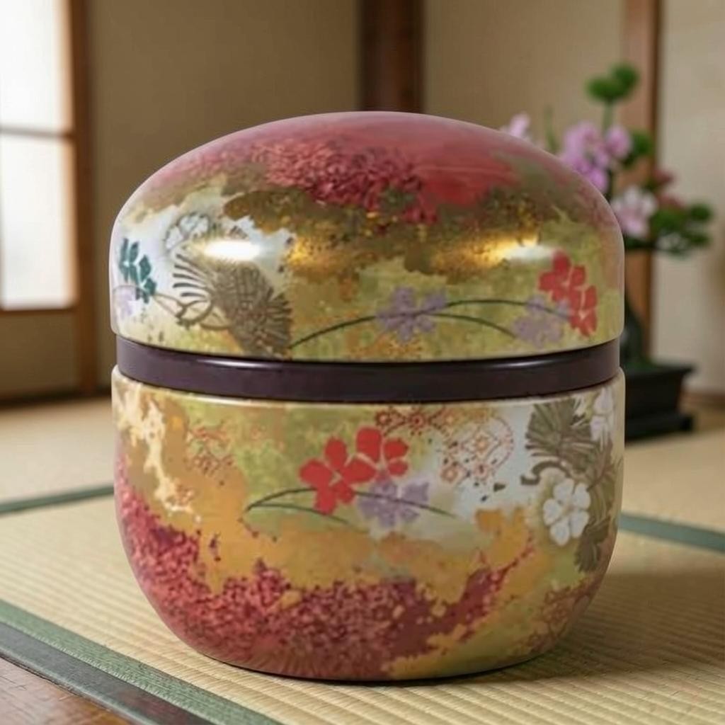 LISATA MATCHA Japanese aluminum tea canister with a decorative floral pattern in red, gold, and purple on a tatami mat