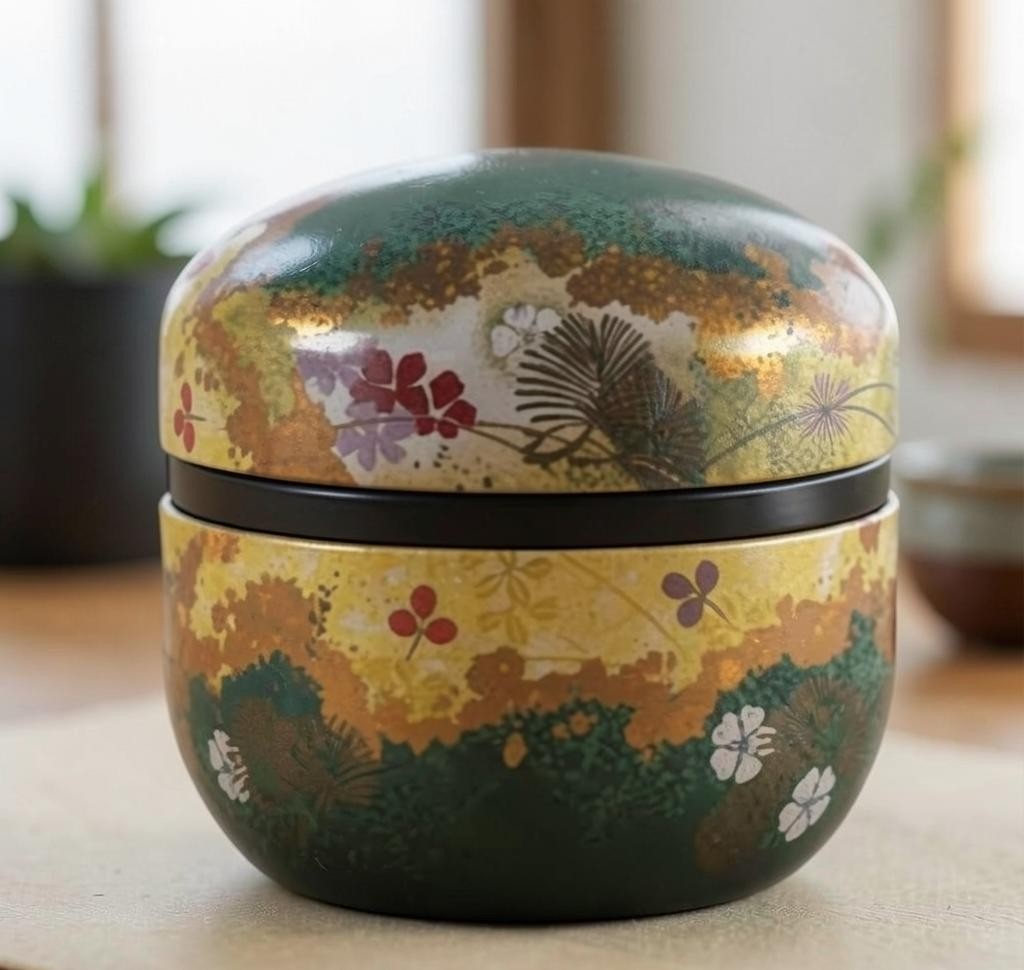LISATA MATCHA Japanese aluminum tea canister with a decorative green and gold floral pattern for fresh matcha storage