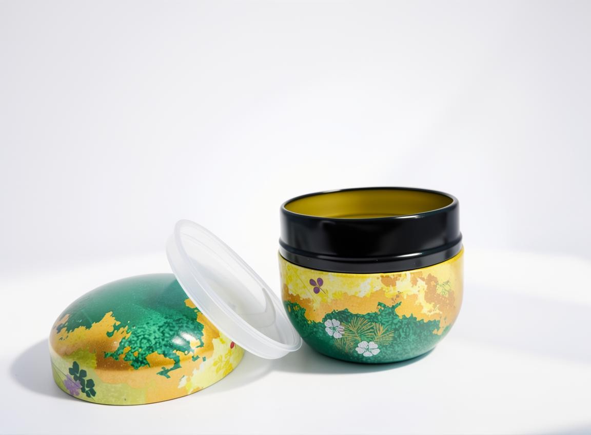 LISATA MATCHA daily ritual bundle featuring an open decorative Japanese tea canister with a protective inner lid