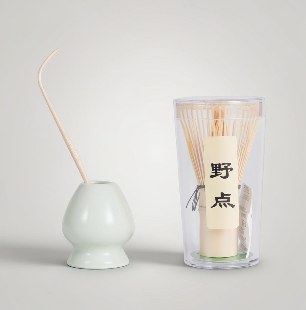 LISATA MATCHA mini bamboo whisk and scoop set with a light green ceramic stand for small matcha bowls