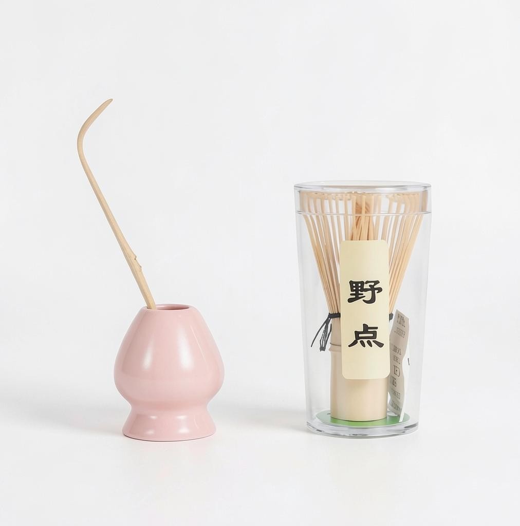 LISATA MATCHA mini bamboo whisk, bamboo scoop, and pink ceramic stand set for matcha preparation