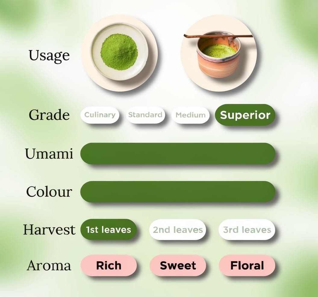LISATA MATCHA Niju ceremonial grade matcha powder infographic showing superior quality, rich umami, and floral aroma