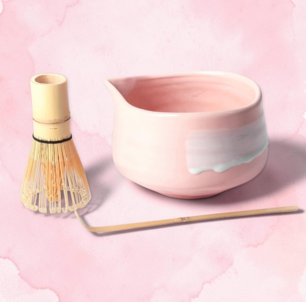 LISATA MATCHA 20oz porcelain latte bowl with pink brushstroke design, bamboo whisk, and bamboo scoop.