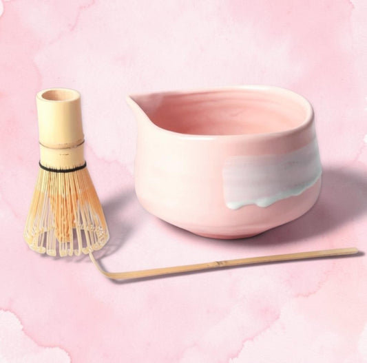 LISATA MATCHA 20oz porcelain latte bowl with pink brushstroke design, bamboo whisk, and bamboo scoop.