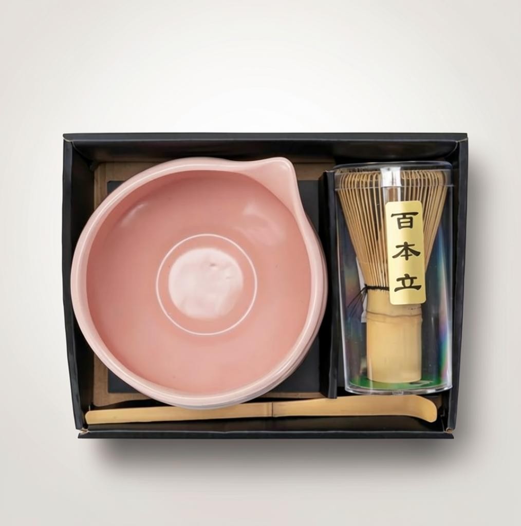 LISATA MATCHA 20oz porcelain latte bowl with pink brushstroke design, bamboo whisk, and scoop in a gift box.