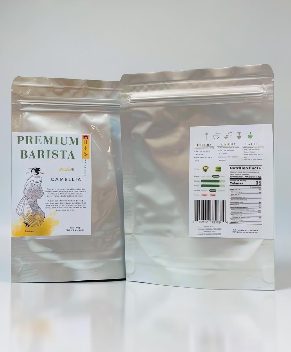 LISATA MATCHA Camellia Premium Barista matcha powder in two silver sealed pouches with illustrated labels