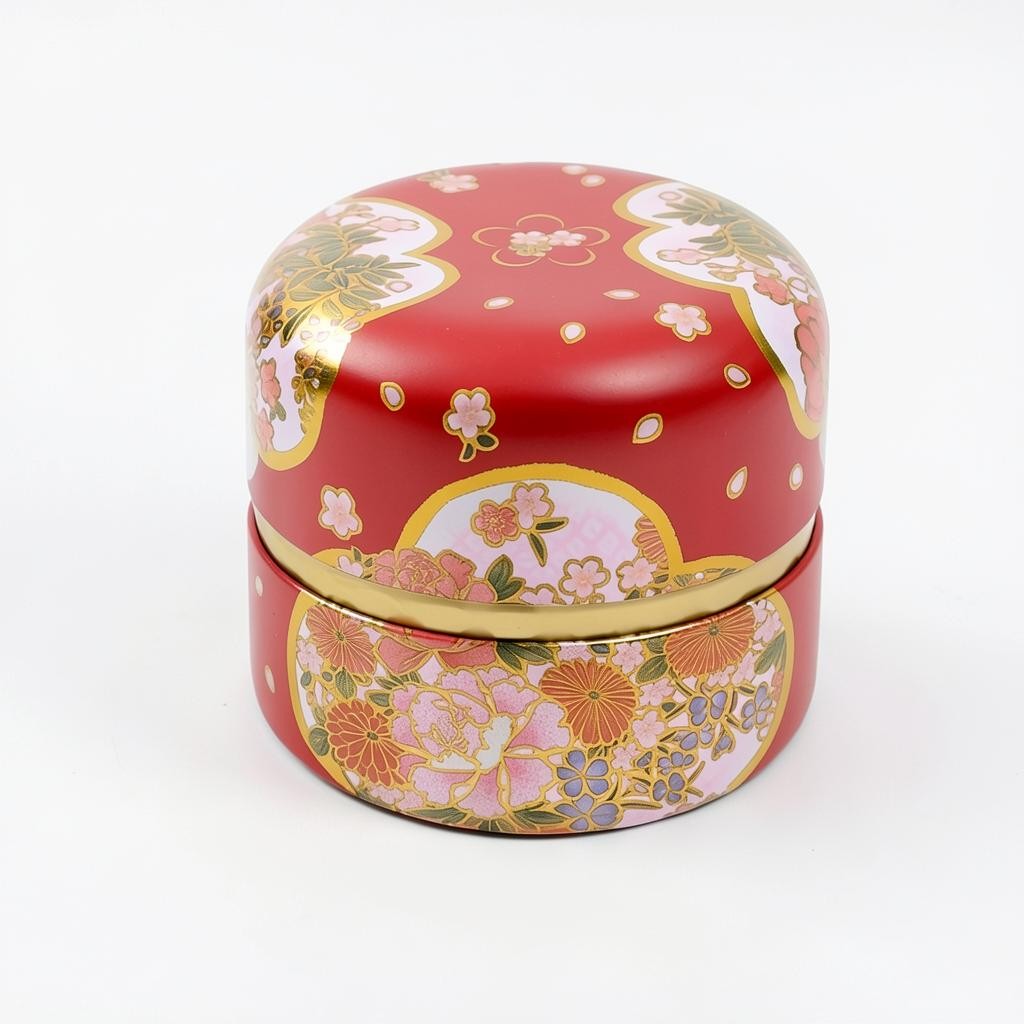 LISATA MATCHA Japanese aluminum tea canister in red with gold and pink floral patterns for fresh matcha storage