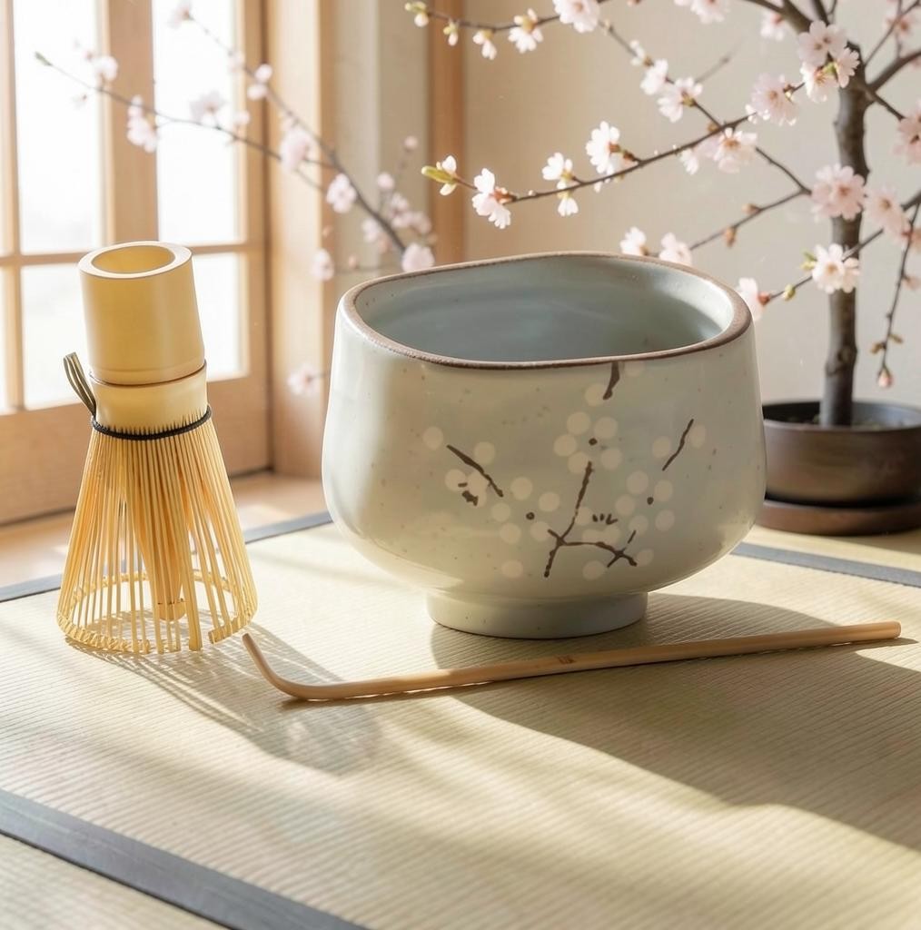 LISATA MATCHA 21oz porcelain bowl with sakura cherry blossom design, bamboo whisk, and tea spoon on a tatami mat.