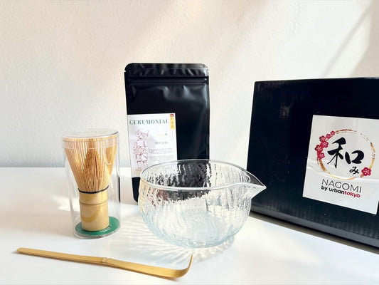 LISATA MATCHA starter bundle with Hikari ceremonial matcha, glass matcha bowl, bamboo whisk, and bamboo scoop.