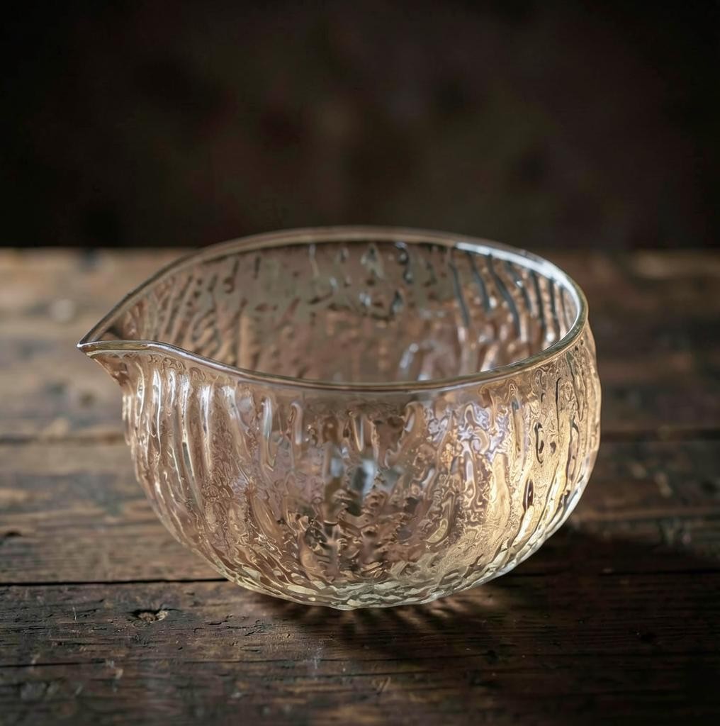 LISATA MATCHA 16oz glass matcha latte bowl with a textured, hammered finish and pouring spout on a wooden table