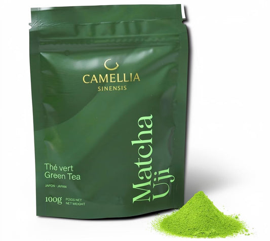 LISATA MATCHA 100g pouch of premium ceremonial grade Uji green tea powder with a vibrant emerald green color.